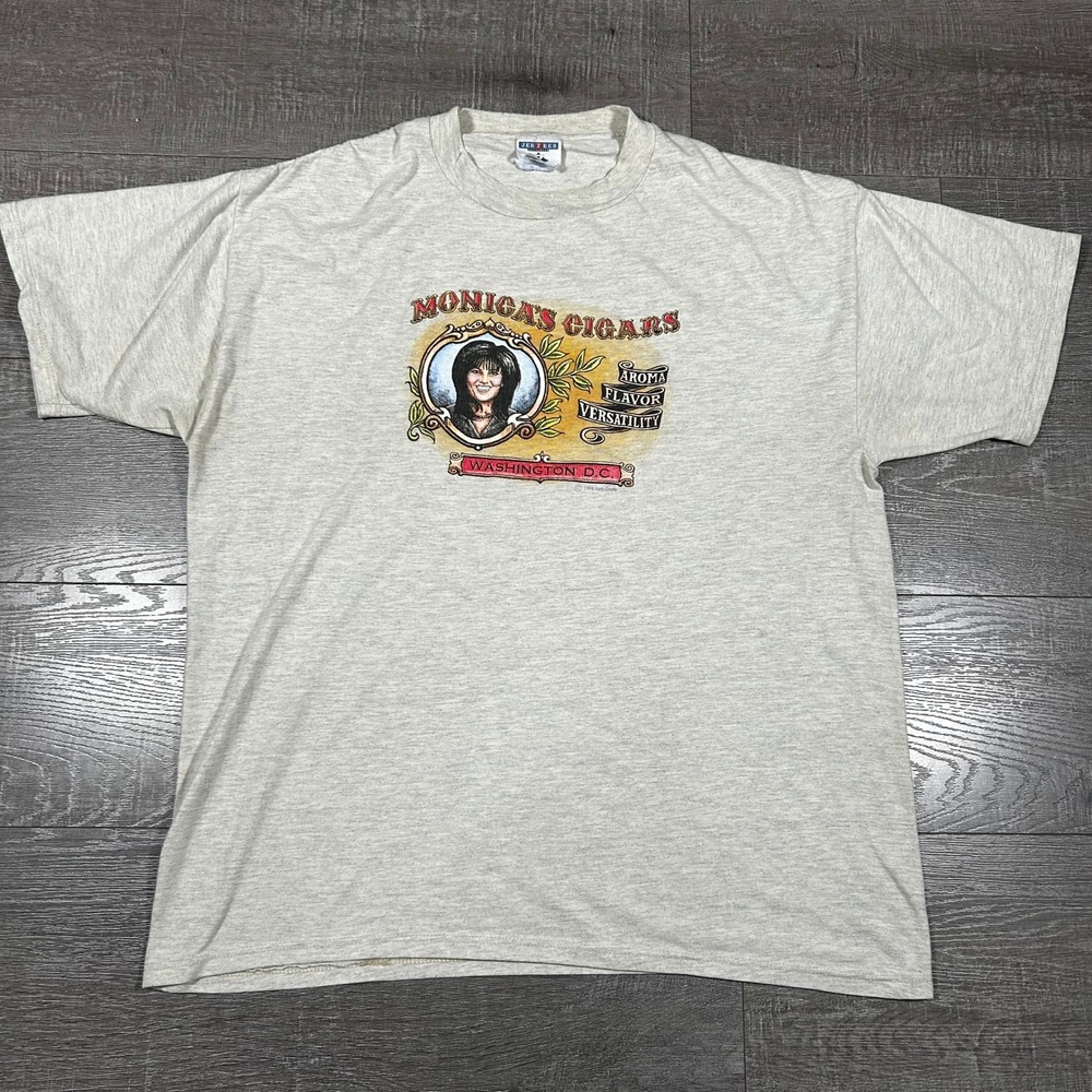 Vintage 1998 Monica's Cigars Monica Lewinsky T-Shirt Jerzees Gray XL USA Made